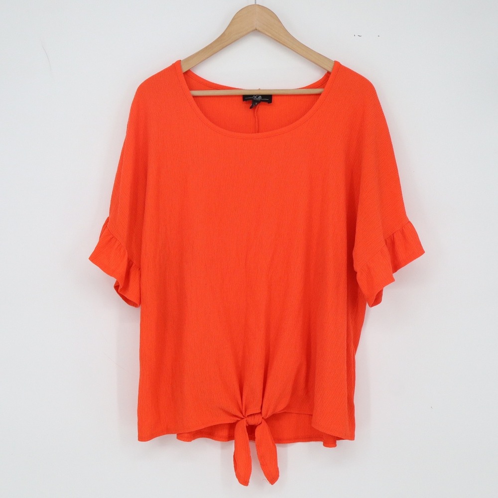 AGB Blouse Womens 1X Short Ruffle Sleeve Orange Tie Front Scoop Neck Excellent